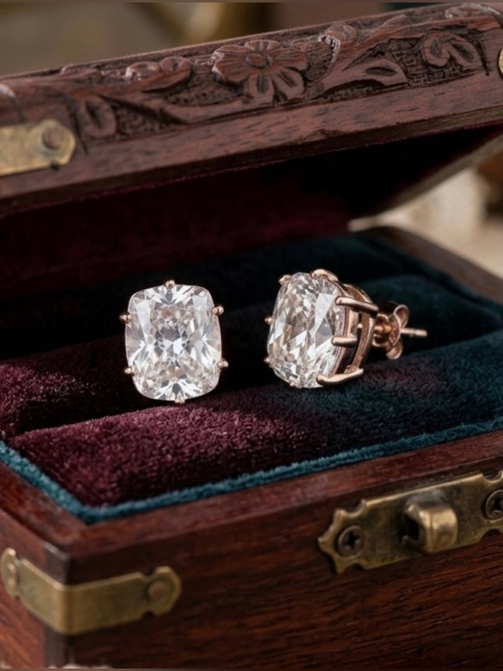 Thomas Laine Lucille Antique Cushion Cut Rose Gold Sterling Silver CZ Earrings